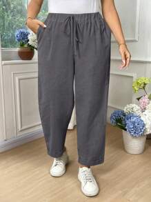 SHEIN LUNE CURVE Quần dài vải cotton đa năng, thường ngày, cỡ lớn dành cho nữ - Màu xám đen - Xem 5