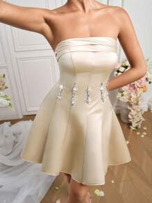 Poshira Women's Elegant Party Rhinestone Decor Satin Strapless Cocktail Dress Sequin Dress  Lace Dress Beige Dress Luxury Evening Dresses For Women - Champagne - View 5