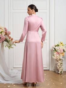 Coutiva New Stylish Stand Collar Long Sleeve Fitted Formal Dress - Baby Pink - View 7
