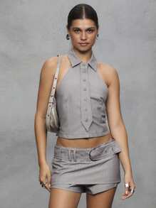 TypaGal Gray Pinstripe Skort With Belt,Summer 90s Night Party 2000s Style Streetwear Tailored Edge Hidden Shorts,Punk Essential Essential For Women - Light Grey - View 1