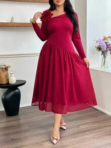 Modelyn Vestido elegante y romántico de talla grande con cuello oblicuo, manga larga, cintura ceñida con parches de gasa y estampado floral 3D - Rojo - Ver 4