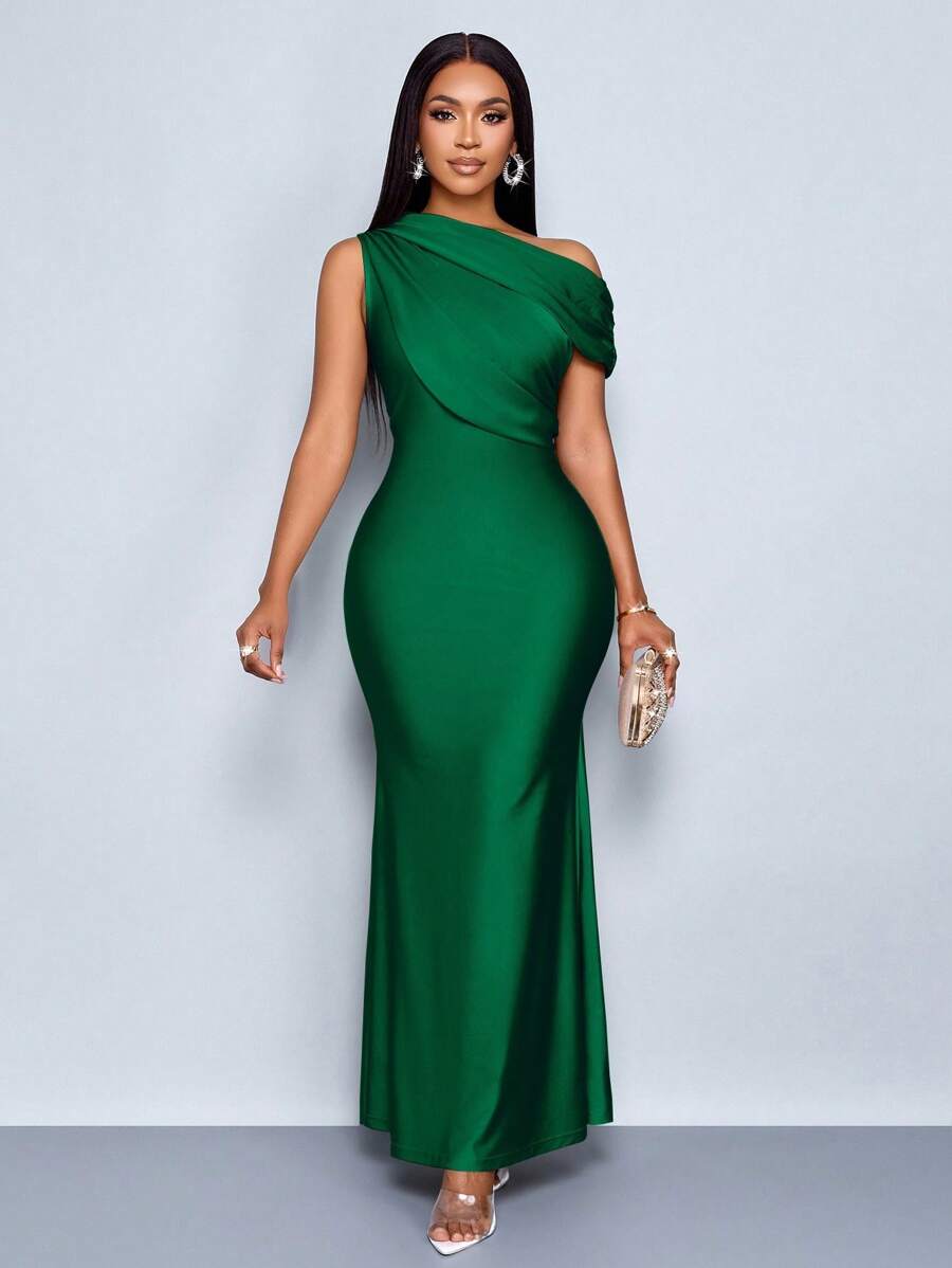 SOLERSUN 夏季女士婚礼派对优雅杏色针织亮面面料不对称露肩无袖拼接收腰修身鱼尾裙摆长裙 - 墨綠色 - 查看 1