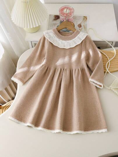 Souflis Souflis Girls Knitted Sweater Dress, New Autumn/Winter Fashion, Korean Style Casual Princess Dress For Toddlers Peter Pan Collar Dress Girls Sweater Dress Beige Dress For Young Girls Knit Dress Girls Fall Dress