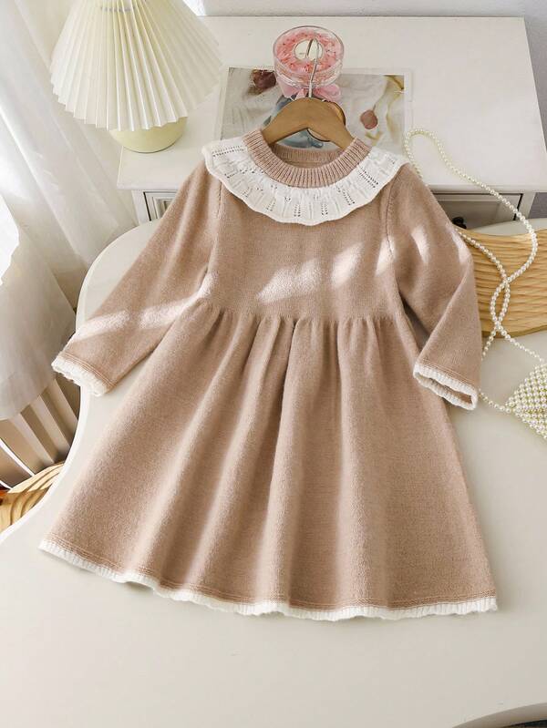 Souflis Souflis Girls Knitted Sweater Dress, New Autumn/Winter Fashion, Korean Style Casual Princess Dress For Toddlers Peter Pan Collar Dress Girls Sweater Dress Beige Dress For Young Girls Knit Dress Girls Fall Dress