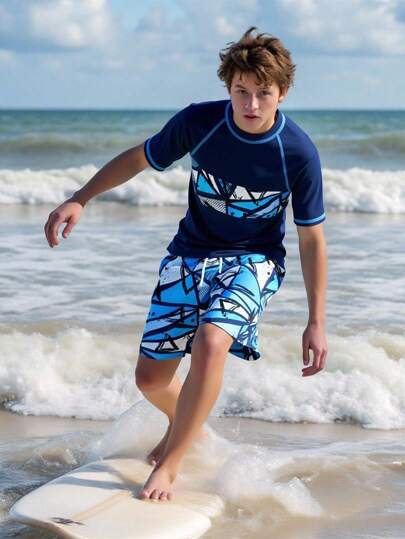 Tween Boys Swimwear Set: Short Sleeve Rash Guard Top And Beach Shorts, Casual Sports Swimsuit For Summer Boys Swim Trunks With Rash Guard Tween Boy Beach Clothes Boys Swim Sets Junior Surf Swimwear Tween Boy Swim Sets Summer Holiday