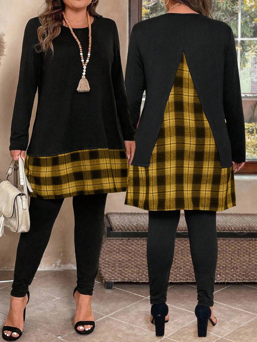 Plus Size Women's Plaid Patchwork Loose T-Shirt And Skinny Leggings Two Pieces Casual Outfit, Suitable For Daily Commute Fall Cloth For Women - Multicolor - View 1
