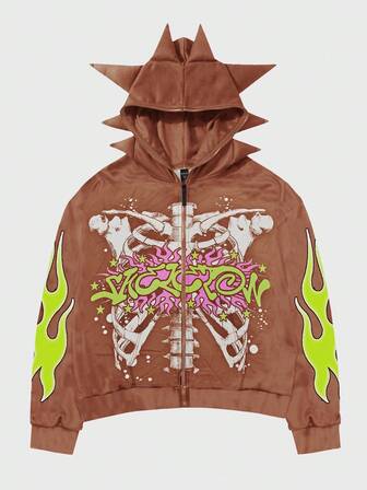 Goth Felpa con cappuccio da uomo con stampa scheletro, streetwear