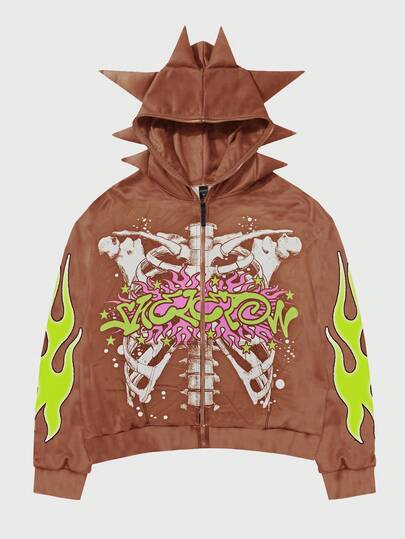 Goth Sweat-shirt à capuche imprimé squelette mode homme, streetwear