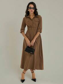 Modelyn 纯色纽扣前半襟收腰口袋翻盖连衣裙，女士休闲口袋七分袖领口常规版型长款卡其色粘胶卷袖纯色衬衫女式长裙，春/秋，休闲日常穿着超长女装 - 咖啡棕 - 查看 4