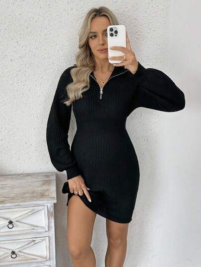 SHEIN Vestido de punto ajustado con media cartera con cremallera y manga larga de unicolor para maternidad