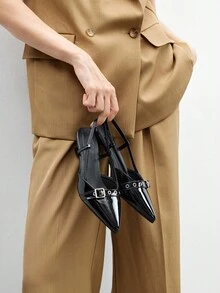 CUCCOO BIZCHIC Mulas de tacón alto versátiles para damas con punta afilada, tacón de gatito, negro, recorte hueco y correa trasera, cómodas para la oficina y el transporte - Negro - Ver 7