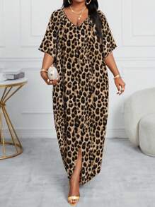 SHEIN Lady CURVE 大码 V 领长袖纯色拼接宽松休闲连衣裙长袍万圣节服装万圣节服装 - 棕色 - 查看 5