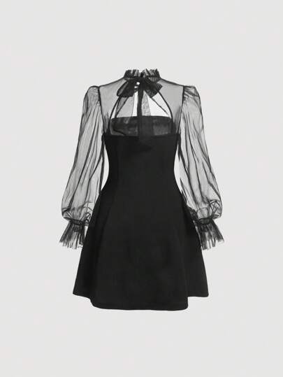 SHEIN MOD Black Elegant Fit And Flare Dress With Sheer Mesh Long Puff Sleeves, High Neck With Ruffle Collar, Bow Tie Detail, Cut-Out Front, Classic A-Line Silhouette, Gothic Style, Evening Wear, Party, Cocktail, Romantic, Feminine, Chic, Lightweight, Comfortable, Versatile, Fashion-Forward, Vintage Inspired, Statement Piece, Timeless, Sophisticated,Summer Dresses For Women
