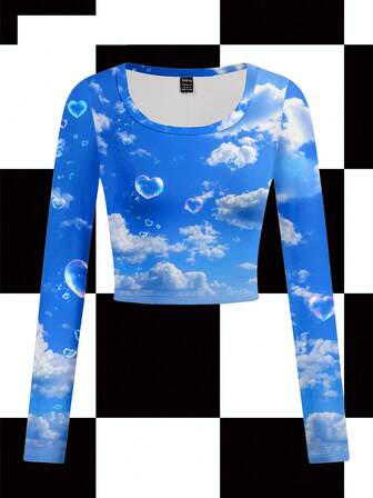 BiGraphic Top corto de manga larga con estampado de corazón, cielo azul y nubes, estilo Y2K. Ropa casual urbana para mujer, adecuado para fiestas, reuniones y uso diario en otoño/invierno. Top corto gráfico de manga larga, top corto con estampado de nubes, top corto azul, top corto con estampado de cielo.
