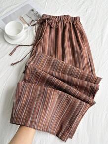 SHEIN Comfortcana Linen Textured Striped Drawstring Waist Comfortable Casual Plus Size Pants - Red - View 1