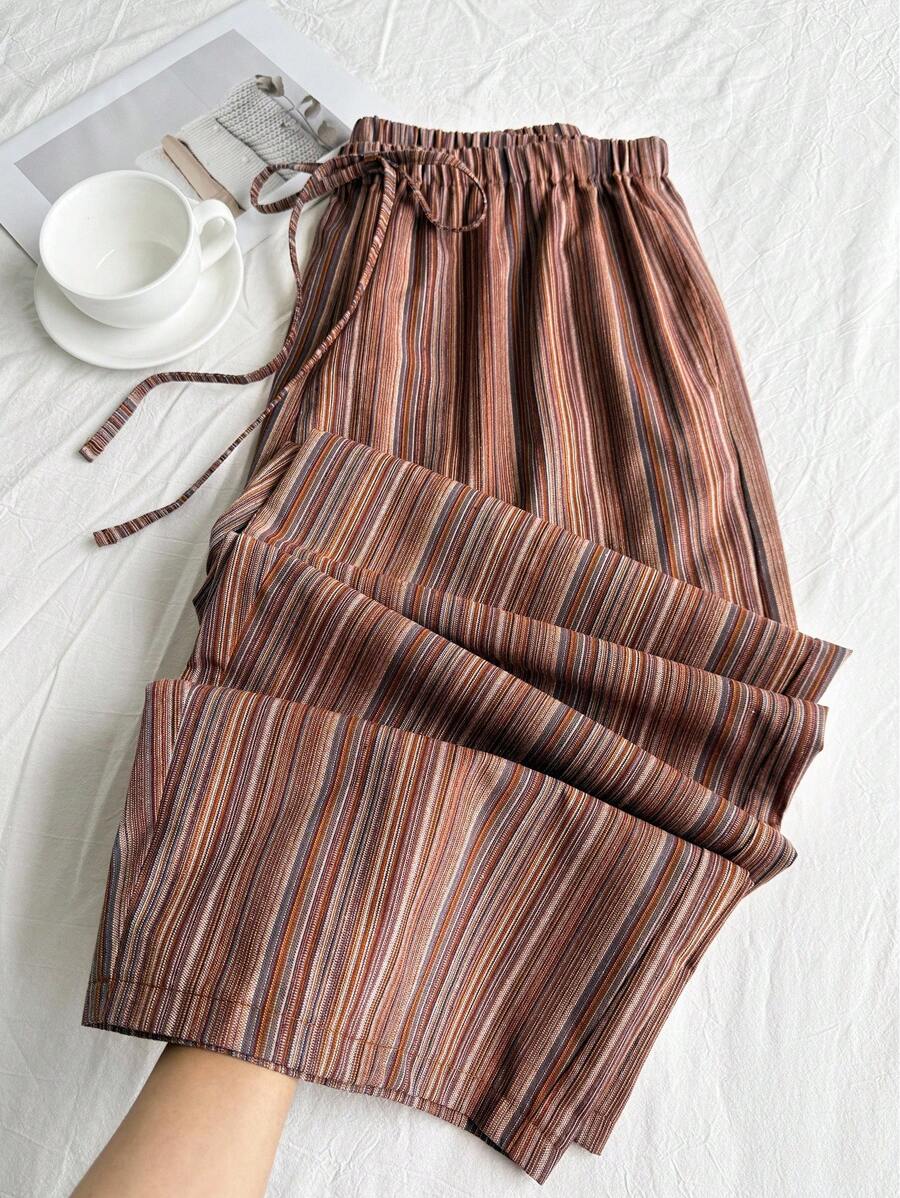 SHEIN Comfortcana Linen Textured Striped Drawstring Waist Comfortable Casual Plus Size Pants - Red - View 1