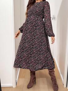 SHEIN Fall Clothes,Autumn Clothes,Maternity Autumn Clothes Maternity Maternity Floral Print Crew Neck Long Sleeve Dress Ditsy Floral Dress Fall Dresses For Women Long Sleeve Midi Dress Autumn Dress Wildflower Dress - Black - View 2