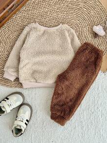 SHEIN LMoss Kids LMoss 女婴两件套针织蓬松圆领休闲卫衣和打底裤套装，泰迪熊造型，保暖舒适，摩卡色，冬季毛绒两件套，秋冬季节宝宝冬装，棕色套装，长袖上衣，舒适秋冬款式