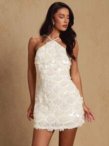 Glamine Women's Solid Color Spaghetti Strap Sleeveless Sequin Embellished Mini Dress White Sequin Dress White Mini Dress White Halter Dress White Party Dress White Reception Dress Sequins Dresses For Women Gala Dress Unique Dress Glamorous Gown