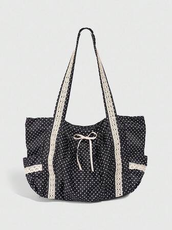 Kawaii 1 pezzo Grande borsa a spalla in tela stile coreano a pois bianchi e neri con pizzo, borsa a tracolla versatile e alla moda per pendolari, borsa a tracolla dolce da ragazza