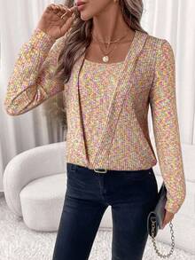 SHEIN Clasi Women's Elegant Pink Waffle Knit Crew Neck Sweatshirt In Fall/Winter - Multicolor - View 5