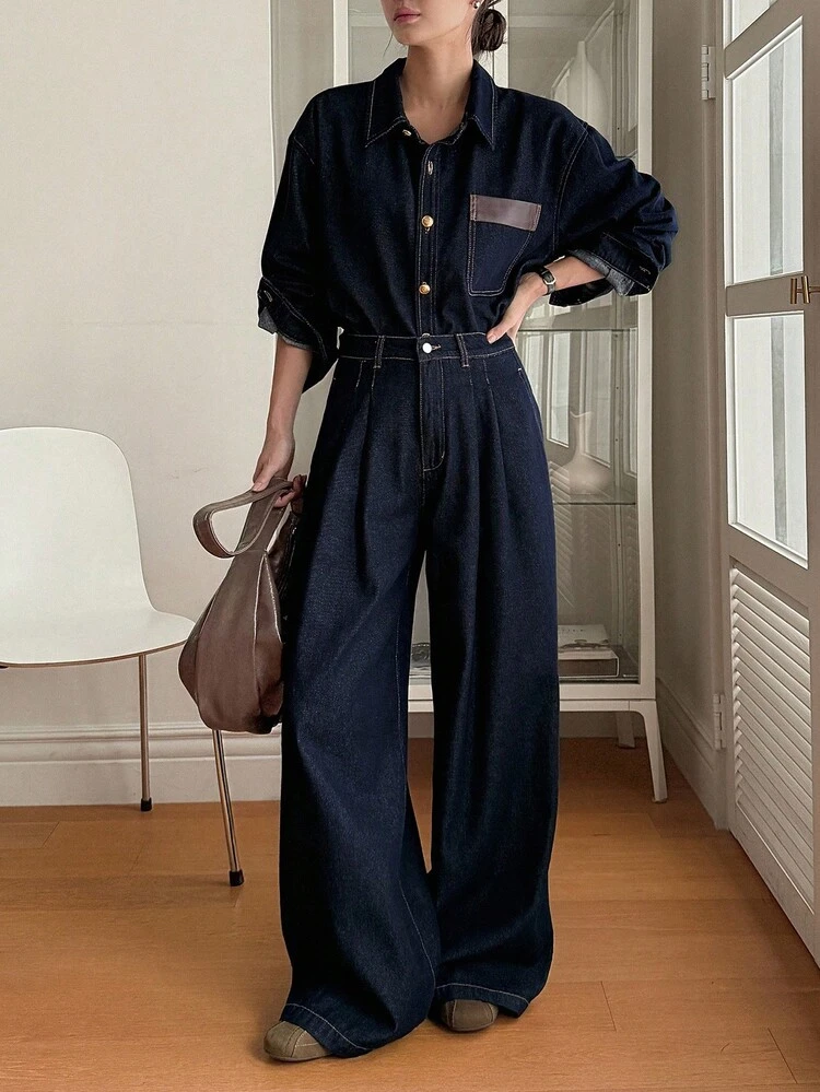 2pcs Women Casual Denim Suit, Collared Long Sleeve Shirt And Loose Fit Pants