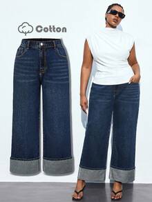 Maija 加大码高腰直筒牛仔裤，卷边裤脚，九分裤，舒适松紧腰带，复古牛仔秋季女装 - 深色水洗藍 - 查看 1