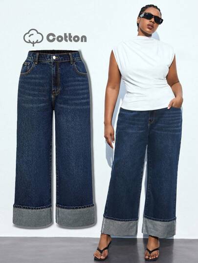 Maija Jeans rectos de cintura alta y talla grande con dobladillo, pantalones tobilleros, cintura elástica cómoda, ropa de mujer de mezclilla retro para otoño