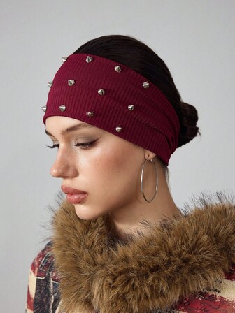 Grunge Punk 1 pieza Diadema ancha de estilo minimalista oscuro de color borgoña sólido, diadema deportiva y de yoga absorbente del sudor, accesorio de cabello versátil y personalizado de moda punk con remaches tejidos