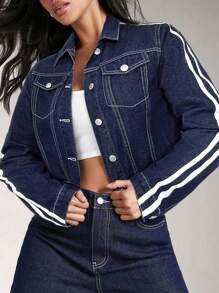 SHEIN Teen Girl Contrast Stitching Dark Blue Denim Loose Fit Turndown Collar Long Sleeve Jacket - Dark Wash - View 2
