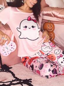SHEIN INS 可爱南瓜印花万圣节睡衣套装，适合女士，少女甜美 - 彩色 - 查看 6