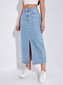 SHEIN ICON Casual Washed Slit High Waist Denim Skirt Thermal Denim - Blue - View 4
