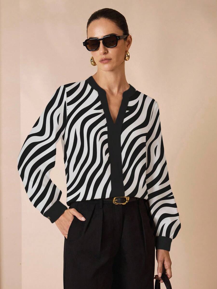 Glamance Pati Paints Women's Elegant Commuter & Casual Zebra Print Long Sleeve V-Neck Blouse, Office Wear Top, Black Zebra Print Blouse Zebra Top Striped Blouse Women Blouse Striped Shirt - Multicolor - View 1