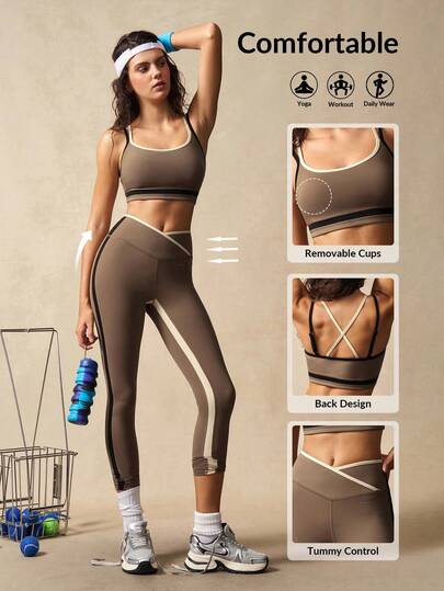 VARSIVA 女士健身套装 女士拼色细肩带无袖短款运动健身棕色运动服套装 两件套健身套装 瑜伽套装 运动套装 健身紧身裤和运动胸罩套装 棕色瑜伽服