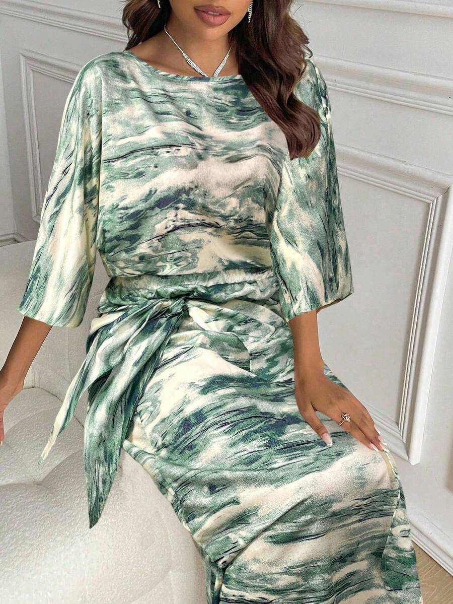 Modelyn 2pcs Women's Round Neck Allover Print Mid-Sleeve Top And Pleated Hem Skirt Set 2 Pieces Set - Green - View 1