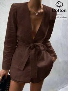 Siren Gaze Casual & Commute Solid Color Cotton Linen Blend Thin Blazer In Fall/Winter Brown - Coffee Brown - View 8