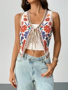 SHEIN Tall 女士休闲花卉印花抽绳夹克，夏季波西米亚风上衣秋冬花卉背心 - 彩色 - 查看 1