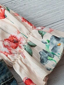 Linhara 大码女式纹理花卉印花蕾丝拼布长袖荷叶边V领休闲常规衬衫 - 杏色 - 查看 3