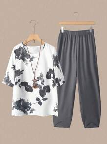 Linhara Bộ 2 quần short in họa tiết cổ tròn tay lỡ cỡ lớn mùa hè thường ngày cho nữ và quần cạp chun - Nhiều màu - Xem 1