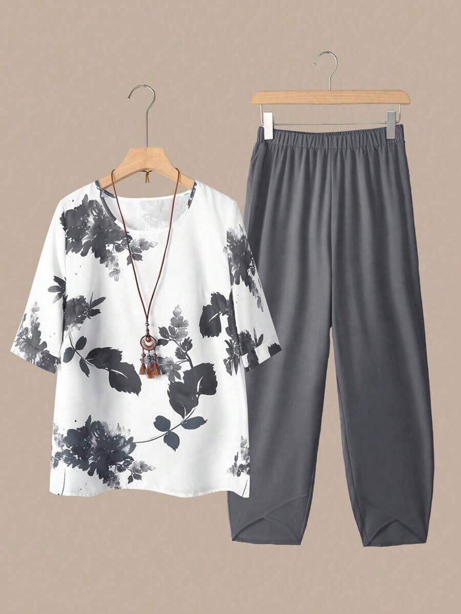 Linhara Bộ 2 quần short in họa tiết cổ tròn tay lỡ cỡ lớn mùa hè thường ngày cho nữ và quần cạp chun - Nhiều màu - Xem 1