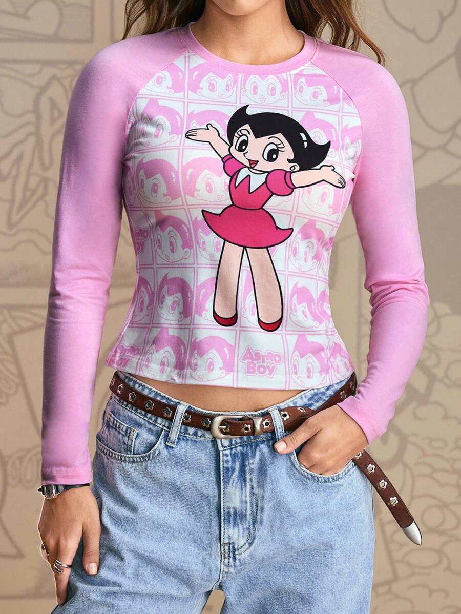 Astro Boy X SHEIN Women's Cartoon Figure Graphic Color Block Round Neck Long Sleeve T-Shirt - Pink - View 1