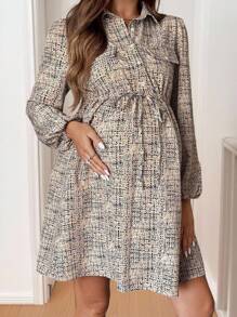 SHEIN Fall Clothes,Autumn Clothes,Maternity Autumn Clothes Maternity Waist Flap Detail Lantern Sleeve Maternity Blouse, Long Sleeve Top For Pregnant & Nursing, Autumn Tweed Dress Fall Dress Earth Tone Dress Long Sleeve Dress Autumn Dress Tweed Dresses For Women - Khaki - View 7