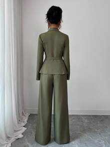 Elenzga Bộ đồ vest hai mảnh cổ chữ V ve áo thanh lịch, tay dài, thiết kế độc đáo, thắt lưng eo, cài nút, cao cấp kèm quần ống rộng ống đứng, phù hợp cho việc đi làm vào mùa thu - xanh quân đội - Xem 2
