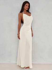 Aloruh 女士性感优雅低胸露背串珠链条装饰修身连衣裙 - 杏色 - 查看 3