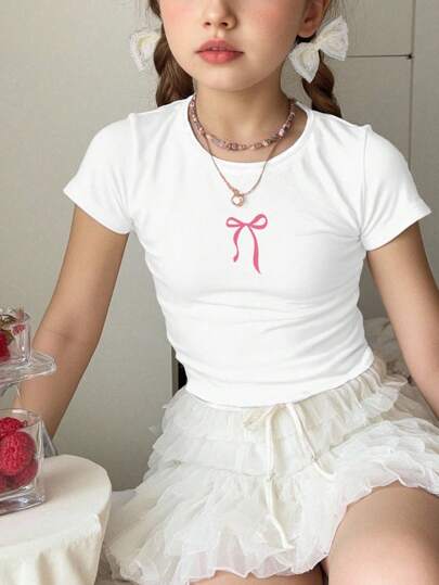 SHEIN Leap Crew Tween Girls' Fitted Casual Solid Color Crew Neck Ruched Short Sleeve T-Shirt, Suitable For Summer