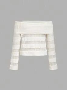 Skyraze Women's French Style Off Shoulder Slim Fit Hollow Out Pullover Sweater In Fall/Winter - White - View 3