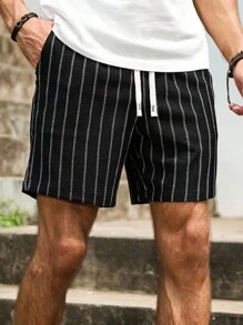 Manfinity Homme 男士夏季休闲日常通勤条纹印花抽绳腰斜口袋宽松短裤 - 黑色 - 查看 5