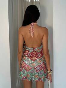Glamine Women's Sexy Halter Neck Sequin Geometric Print Summer Bodycon Dress Sequin Mini Dress Multicolor Sequin Dress Bodycon Mini Dress Halter Neck Dress Party Dress Wedding Guest Dress Women Halter Neck Mini Dress Halter Mini Dress