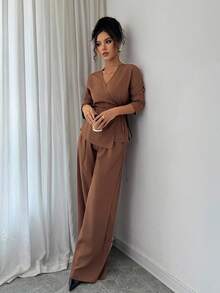 Elenzga Conjunto de 2 piezas de camisa de manga larga con cuello y pantalones anchos y sueltos, de tela tejida en color marrón café, adecuado para atuendo casual de mujer a principios de otoño, apropiado para citas, regreso a la escuela, atuendo de maestra, estilo de Oriente Medio, elegante y maduro, atuendo de oficina, estilo francés elegante, moda coreana. - Café integral - Ver 4