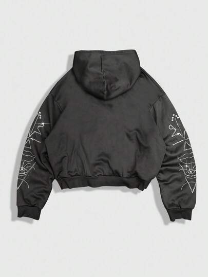 Street Life Sudadera con capucha, cordón y cremallera casual de moda para hombres con adornos de rhinestone